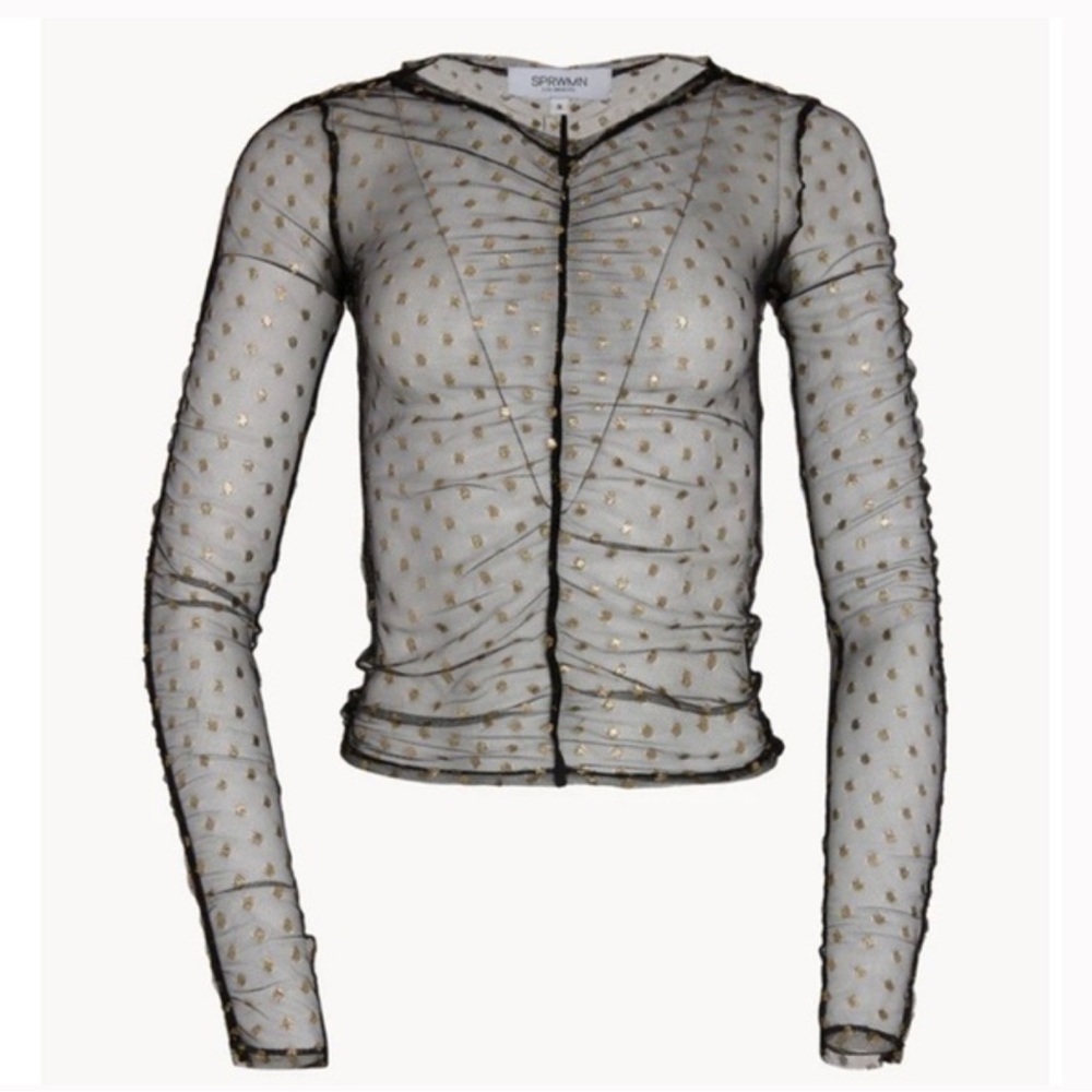 SPRWMN Revolve Black Gold Mesh Sheer Polka Dot Top